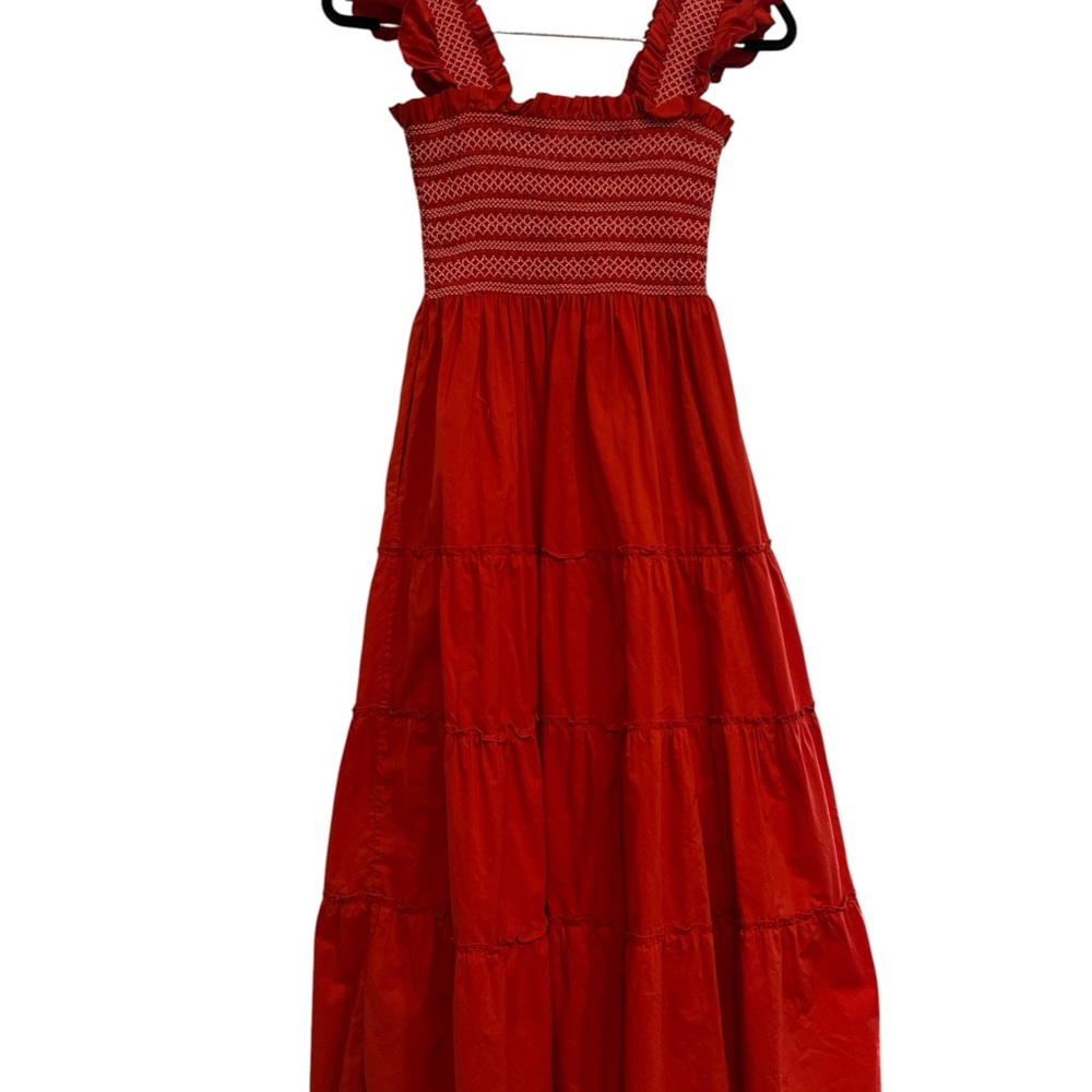 Hill House Red Smocked Midi Dress with Ruffle Straps